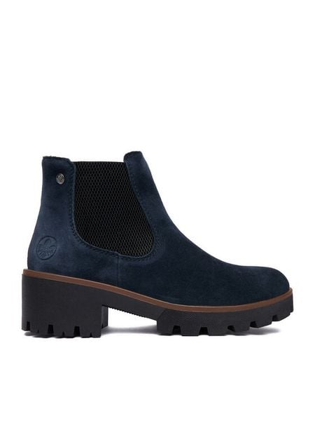 Rieker Botki CEO-79265-14 Granatowy. Niebieskie botki damskie Rieker, ze skóry, bez obcasa, na słupku, bez zapięcia. Za 399.99 zł.