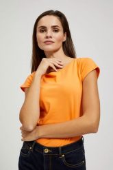 Bawełniany t-shirt bez wzorów pomarańczowy. Brązowe t-shirty damskie MOODO, l, bez wzorów, z bawełny, bez kołnierzyka. W wyprzedaży za 13.99 zł.