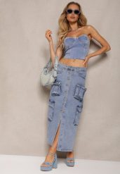 Niebieska Casualowa Jeansowa Spódnica High Waist Ozdobiona z Przodu Guzikami i Kieszeniami z Klapami Teriara. Niebieskie spódniczki damskie Renee, l, bez wzorów, z jeansu, eleganckie, z podwyższonym stanem, maxi, proste. Za 129.99 zł.