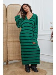 So Cachemire Sukienka dzianinowa "Dowell" w kolorze czarno-zielonym rozmiar: L. Zielone sukienki damskie So Cachemire, na co dzień, l, bez wzorów, z dzianiny, bez kołnierzyka, bez ramiączek, maxi, proste. Za 200.13 zł.