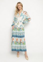 Jasnoniebieska Wiskozowa Sukienka w Etniczne Wzory o Rozkloszowanym Kroju Xarisen. Niebieskie sukienki damskie Born2be, na co dzień, l, bez wzorów, z wiskozy, eleganckie, bez kołnierzyka, bez ramiączek, maxi, rozkloszowane. W wyprzedaży za 76.49 zł.