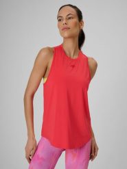 4F Top treningowy regular szybkoschnący damski - koralowy XL. Czerwone topy damskie 4f, xl, bez wzorów, z materiału, bez kołnierzyka. Za 79.99 zł.