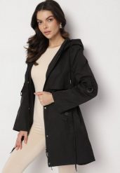 Czarny Płaszcz Kurtka Przeciwwiatrowa z Kapturem Amilina. Czarne kurtki damskie Born2be, l, z aplikacjami, z jeansu, eleganckie. Za 219.99 zł.