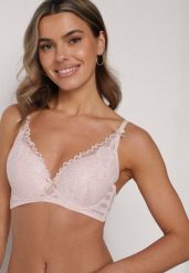 Jasnoróżowy Koronkowy Biustonosz z Ozdobnymi Kokardkami na Ramiączkach Aeleolopei. Czerwone biustonosze Born2be, z aplikacjami, z koronki. Za 34.99 zł.