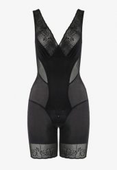 Czarne Modelujące Body z Koronkowymi Wstawkami Tisella. Czarne body damskie Renee, bez wzorów, z koronki. Za 59.99 zł.