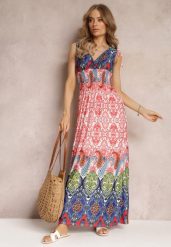 Czerwono-Granatowa Sukienka Maxi w Stylu Boho z Gumką w Pasie Bernette. Czerwone sukienki damskie Renee, l, bez wzorów, boho, bez kołnierzyka, bez ramiączek, maxi. W wyprzedaży za 59.49 zł.