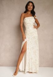 Beżowa Koktajlowa Sukienka o Asymetrycznym Kroju w Kwiaty Melaniela. Brązowe sukienki damskie Renee, na imprezę, m, bez wzorów, z materiału, eleganckie, z asymetrycznym kołnierzem, bez ramiączek, maxi, asymetryczne. Za 169.99 zł.