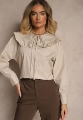 Beżowa Koszula z Bawełny w Stylu Retro z Wiązaniem i Kołnierzykiem z Falbankami Firsela. Brązowe koszule damskie Renee, z aplikacjami, z bawełny, klasyczne, bez kołnierzyka, bez ramiączek. Za 89.99 zł.