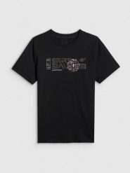 4F T-shirt regular z nadrukiem męski - czarny L. Czarne t-shirty męskie 4f, l, bez wzorów, z bawełny, bez kołnierzyka. Za 69.99 zł.