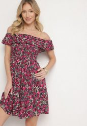 Czarna Sukienka z Bawełny Typu Hiszpanka z Falbankami w Kwiaty Aenne. Czarne sukienki damskie Born2be, na imprezę, na lato, m, bez wzorów, z bawełny, eleganckie, bez kołnierzyka, bez ramiączek, mini. W wyprzedaży za 39.99 zł.