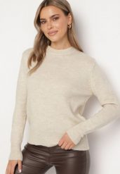 Beżowy Sweter o Klasycznym Kroju Vitilia. Brązowe swetry klasyczne damskie Born2be, m, z jeansu, bez kołnierzyka. Za 89.99 zł.