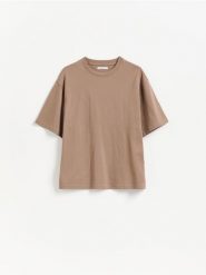 Bawełniany t-shirt - brązowy. Brązowe t-shirty damskie Reserved, l, bez wzorów, z bawełny, bez kołnierzyka. Za 39.99 zł.