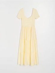 Sukienka midi z łączonych materiałów z wiskozą - kremowy. Białe sukienki damskie Sinsay, l, bez wzorów, z materiału, bez kołnierzyka, bez ramiączek, midi. Za 59.99 zł.