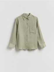 Koszula z lnem - jasnozielony. Zielone koszule damskie Reserved, l, bez wzorów, z tkaniny, bez kołnierzyka, bez ramiączek. Za 119.99 zł.