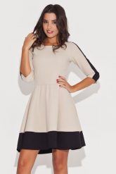 Elegancka Beżowo-Czarna Sukienka z Rękawem 3/4 z Kolorowymi Lamówkami. Brązowe sukienki damskie Katrus, l, bez wzorów, z lycry, eleganckie, bez kołnierzyka, bez ramiączek. Za 259.00 zł.