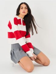 Sweter z kołnierzykiem - czerwony. Czerwone swetry klasyczne damskie Sinsay, l, bez kołnierzyka. W wyprzedaży za 22.99 zł.