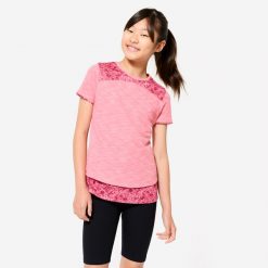 Koszulka z krótkim rękawem dziecięca Domyos 2 w 1. Czerwone bluzki sportowe damskie DOMYOS, s, z bawełny, bez kołnierzyka, bez ramiączek. Za 32.99 zł.