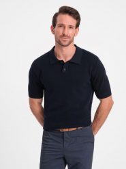Bawełniana męska koszulka polo ze strukturalnej dzianiny – granatowa V2 OM-POSS-0117 - XXL. Niebieskie koszulki polo męskie Ombre Clothing, l, bez wzorów, z bawełny, bez ramiączek. W wyprzedaży za 99.99 zł.