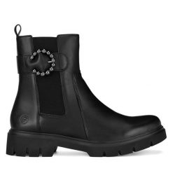 Botki Remonte. Czarne botki damskie Remonte, bez obcasa, na płaskiej podeszwie, bez zapięcia. Za 335.99 zł.