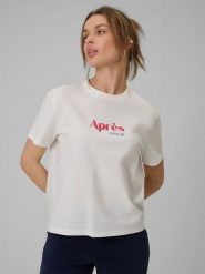 4F T-shirt boxy z nadrukiem damski - beżowy M. Brązowe t-shirty damskie 4f, m, bez wzorów, z bawełny, bez kołnierzyka. Za 69.99 zł.