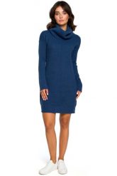 Niebieski Długi Sweter- Sukienka z Szerokim Golfem. Niebieskie sukienki damskie MOE, uniwersalny, bez wzorów, z materiału, bez kołnierzyka, bez ramiączek, maxi. Za 203.90 zł.