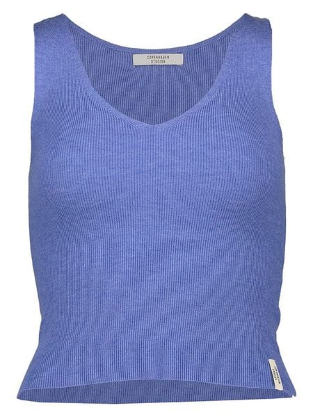 Copenhagen Studios Top w kolorze niebieskim rozmiar: 32. Niebieskie topy damskie Copenhagen Studios, bez wzorów, prążkowane, bez kołnierzyka. Za 41.39 zł.