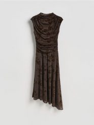 Asymetryczna sukienka midi - ciemnobrązowy. Brązowe sukienki damskie Reserved, na co dzień, l, bez wzorów, z dzianiny, z asymetrycznym kołnierzem, bez ramiączek, midi, asymetryczne. Za 159.99 zł.