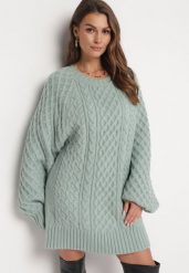 Miętowy Sweter o Wydłużonym Fasonie z Modnym Splotem Ahexa. Zielone swetry klasyczne damskie Born2be, ze splotem, bez kołnierzyka. Za 149.99 zł.