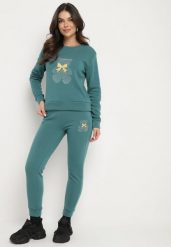 Zielony Bawełniany Komplet Dresowy z Ociepleniem i Misiem Bluza i Spodnie z Gumką w Pasie Nelasina. Zielone bluzy bez kaptura damskie Born2be, m, z bawełny. Za 89.99 zł.