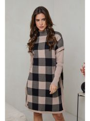 Soft Cashmere Sukienka dzianinowa w kolorze czarno-beżowym rozmiar: 38/40. Brązowe sukienki damskie Soft Cashmere, na co dzień, bez wzorów, z dzianiny, klasyczne, bez kołnierzyka, bez ramiączek, midi, proste. Za 148.61 zł.
