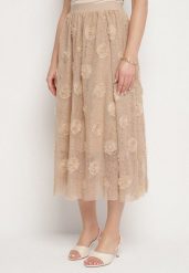 Beżowa Rozkloszowana Spódnica ze Strukturalnej Tkaniny z Gumką w Talii Folenne. Brązowe spódniczki damskie Born2be, l, bez wzorów, z tkaniny, eleganckie, midi, dopasowane. Za 89.99 zł.