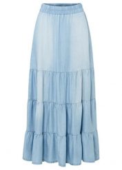 Spódnica midi z falbankami. Niebieskie spódniczki damskie bonprix, bez wzorów, z denimu, midi. Za 169.99 zł.