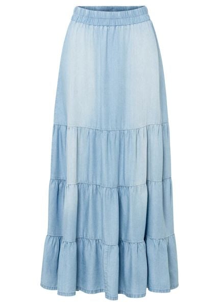 Spódnica midi z falbankami. Niebieskie spódniczki damskie bonprix, bez wzorów, z denimu, midi. Za 169.99 zł.