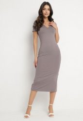 Szara Sukienka Dopasowana Bodycon z Dekoltem w Serek Efricene. Szare sukienki damskie Born2be, na co dzień, l, bez wzorów, z jeansu, klasyczne, bez kołnierzyka, bez ramiączek, midi, bodycon. Za 129.99 zł.