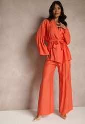 Pomarańczowy Komplet z Wiskozy Spodnie o Szerokim Kroju i Bluzka z Wiązaniem Livelia. Brązowe spodnie materiałowe damskie Renee, bez wzorów, z wiskozy, eleganckie. Za 129.99 zł.
