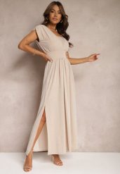 Beżowa Sukienka o Metalicznym Połysku z Gumką w Pasie i Głębokim Dekoltem Kigelia. Brązowe sukienki damskie Renee, na imprezę, bez wzorów, eleganckie, bez kołnierzyka, bez ramiączek, maxi, dopasowane. W wyprzedaży za 83.99 zł.