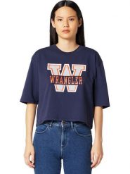 WRANGLER BOYFRIEND CROP TEE DAMSKI T-SHIRT KOSZULKA Z KRÓTKIM RĘKAWEM LOGO NADRUK NAVY W7P6GF114 112132064. Niebieskie bluzki damskie Wrangler, s, bez wzorów, bez kołnierzyka, bez ramiączek. Za 69.99 zł.
