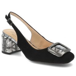 Czółenka damskie S.Barski, ze skóry naturalnej zamszowej odkryta pięta pasek z regulacją ozdobna klamra stabilny obcas elegancki styl, czarne, LZ61-2. Czarne czółenka damskie S.BARSKI, bez wzorów, ze skóry, bez obcasa, na obcasie. Za 309.00 zł.