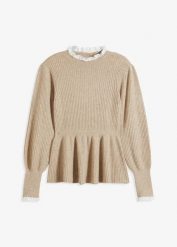 Sweter z koszulową wstawką. Szare swetry klasyczne damskie bonprix, bez kołnierzyka. Za 124.99 zł.
