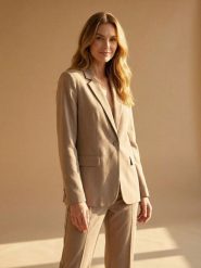 Żakiet z kieszeniami z domieszką wiskozy i lnu - beżowy. Brązowe marynarki i żakiety damskie Sinsay, l, bez wzorów, z wiskozy. Za 79.99 zł.