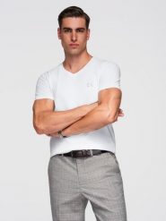 Męski t-shirt V-neck SLIM FIT z elastanem i printem – biały V2 - Rozmiar: L. Białe t-shirty męskie Ombre Clothing, l, bez wzorów, z bawełny, bez kołnierzyka. W wyprzedaży za 39.99 zł.