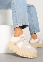 Beżowo-Szare Sneakersy Typu Tenisówki na Żłobionej Platformie Lorreia. Brązowe trampki i tenisówki damskie Renee, bez wzorów, z jeansu. Za 89.99 zł.