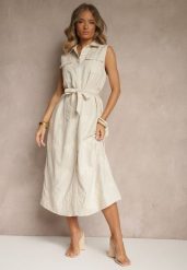 Beżowa Bawełniana Sukienka Koszulowa z Paskiem Kolivessa. Brązowe sukienki damskie Renee, do pracy, l, bez wzorów, z bawełny, biznesowe, bez kołnierzyka, bez ramiączek, maxi, koszulowe. Za 159.99 zł.