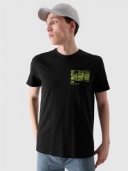 4F T-shirt regular z nadrukiem męski - czarny S. Czarne t-shirty męskie 4f, m, bez wzorów, z bawełny, bez kołnierzyka. Za 29.99 zł.