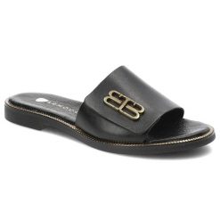 Czarne Klapki Armodo Modne Obuwie Damskie. Czarne klapki damskie Armodo, bez wzorów, ze skóry, bez obcasa. Za 269.99 zł.