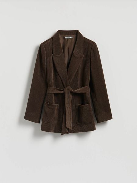 Sztruksowa marynarka z wiązaniem - ciemnobrązowy. Brązowe marynarki i żakiety damskie Reserved, l, bez wzorów, ze sztruksu. Za 179.99 zł.