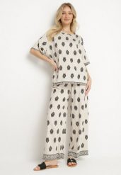 Jasnobeżowy Komplet Wiskozowy w Boho Print Bluzka z Krótkim Rękawem i Szerokie Spodnie Natilene. Brązowe spodnie materiałowe damskie Born2be, bez wzorów, z materiału, boho. Za 84.99 zł.