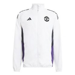 Kurtka dresowa Prematch Manchester United 2025/26. Białe kurtki treningowe męskie Adidas, m, bez wzorów, z dresówki, na fitness i siłownię. Za 372.00 zł.