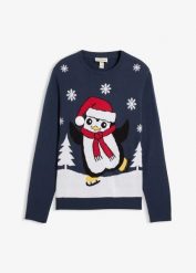 Sweter z bożonarodzeniowym motywem. Niebieskie swetry męskie bonprix, l, bez wzorów, bez kołnierzyka. Za 129.99 zł.