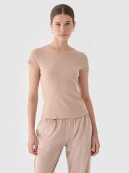 4F T-shirt slim gładki damski - beżowy XS. Brązowe t-shirty damskie 4f, xs, bez wzorów, z bawełny, bez kołnierzyka. W wyprzedaży za 29.99 zł.